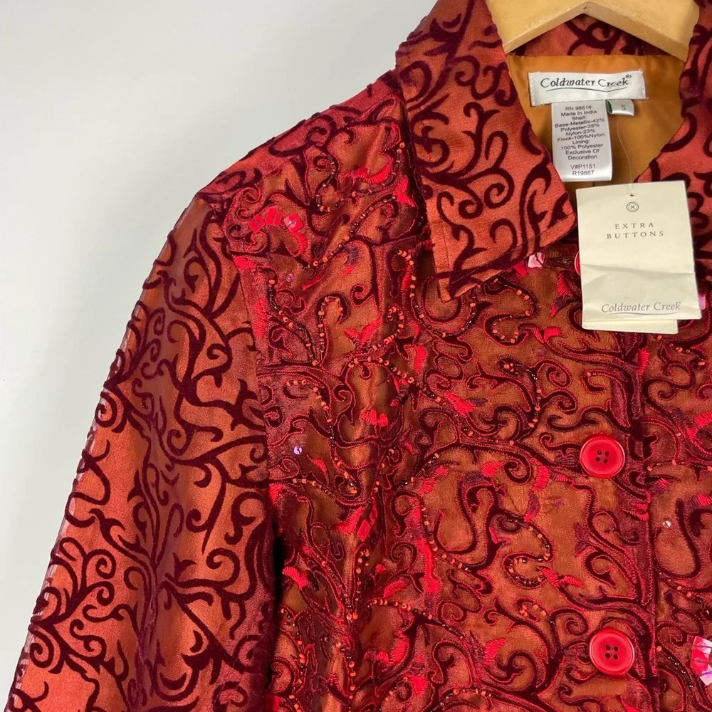 Coldwater Creek Red Beaded Sequined Burnout Scroll Button Up Collared‎ Jacket - Picture 3 of 5